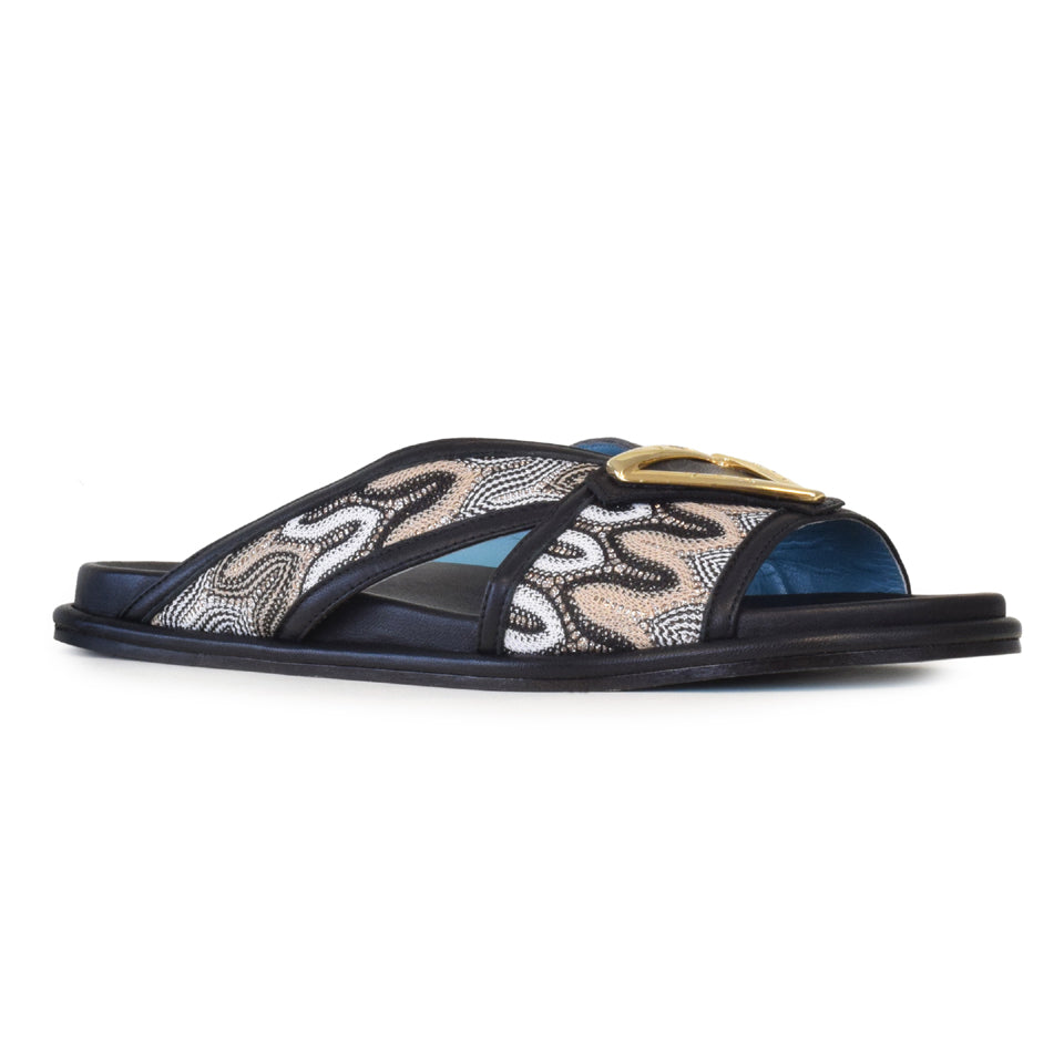 Capriccio Slide in Black Parmasoft/Multi Beige Panama