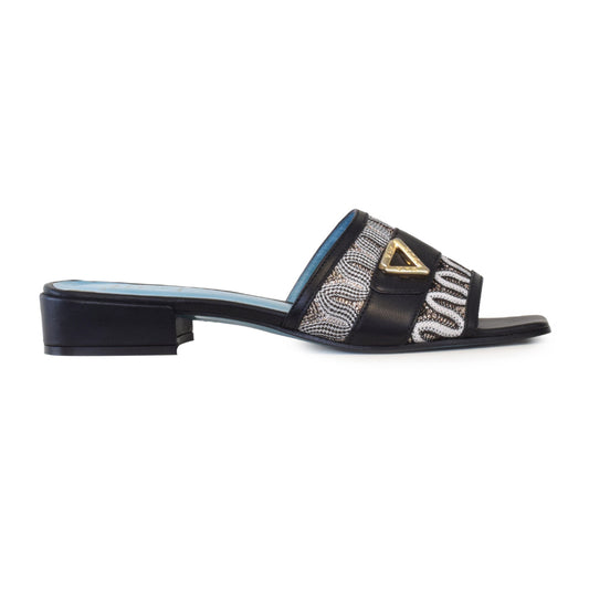 Salmone Slide in Black Parmasoft/Multi Beige Fabric