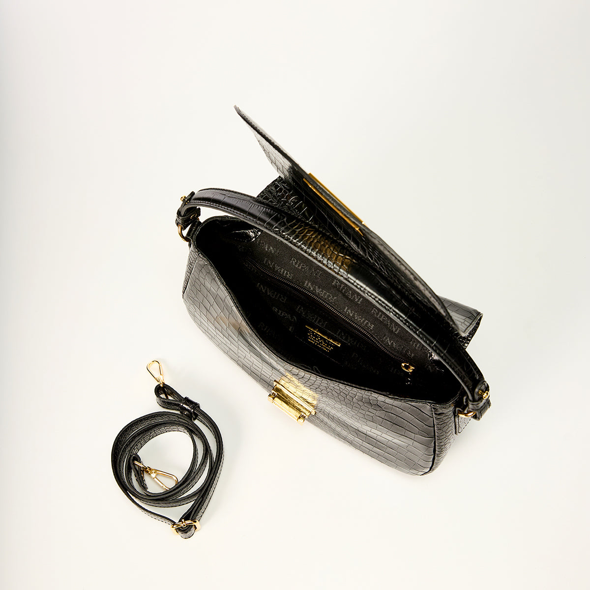 Ripani Black Crocco Print Tote