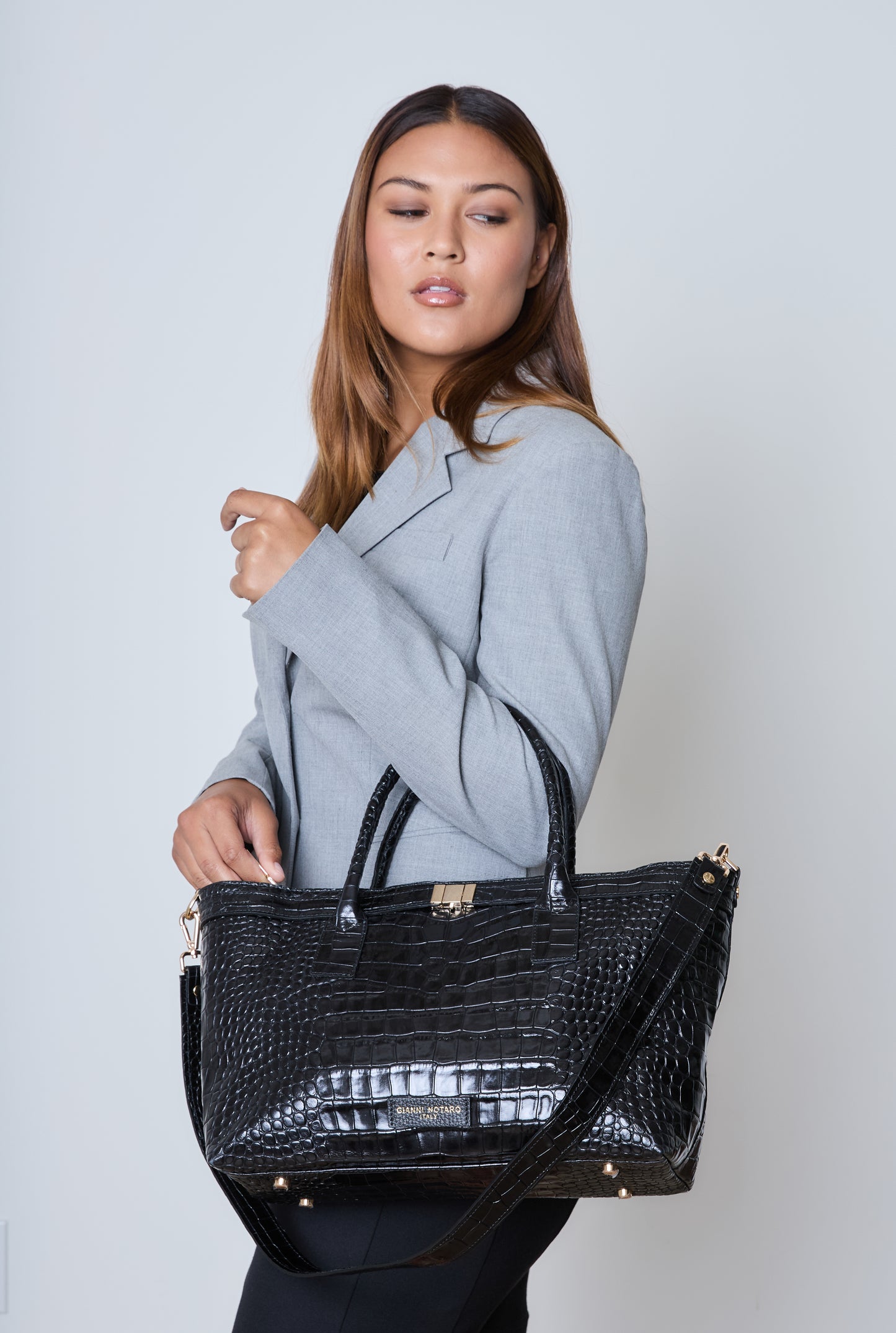 Gianni Notaro Black Crocco Print Tote Bag